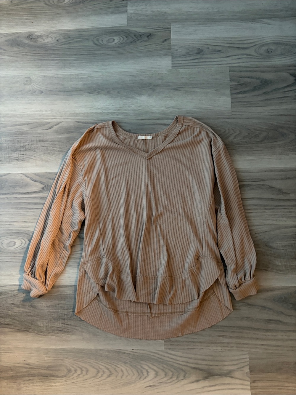 Waffle Knit V-Neck Tunic Top in Taupe